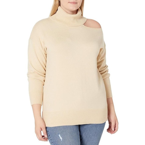 Women's Josephine Long Sleeve Cutout Loose Turtlenck Sweater , Crème Brulee, L - Picture 1 of 10